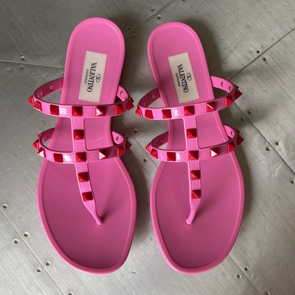 Valentino rockstud jelly pink red pvc thong sandal flat sz 37 with box - Picture 3 of 12